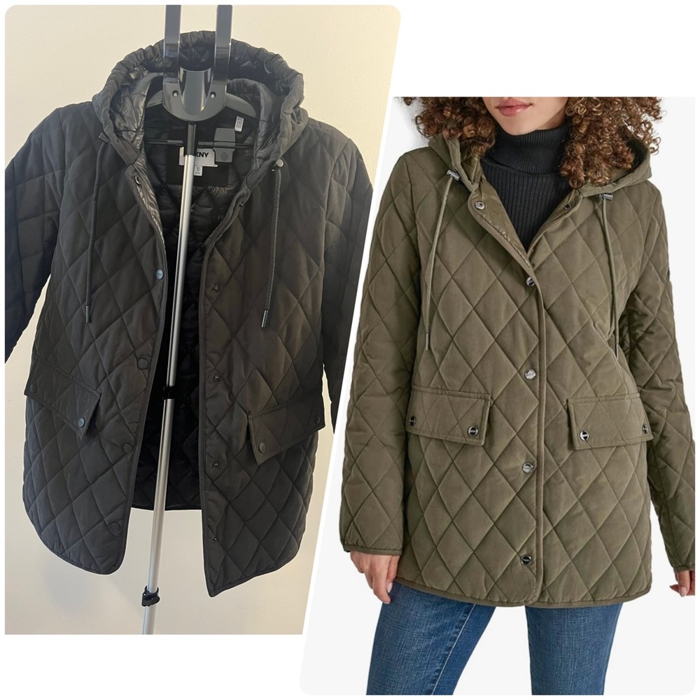 DKNY Black Quilted Hooded Micro-fiber BarnWool Blend Coat